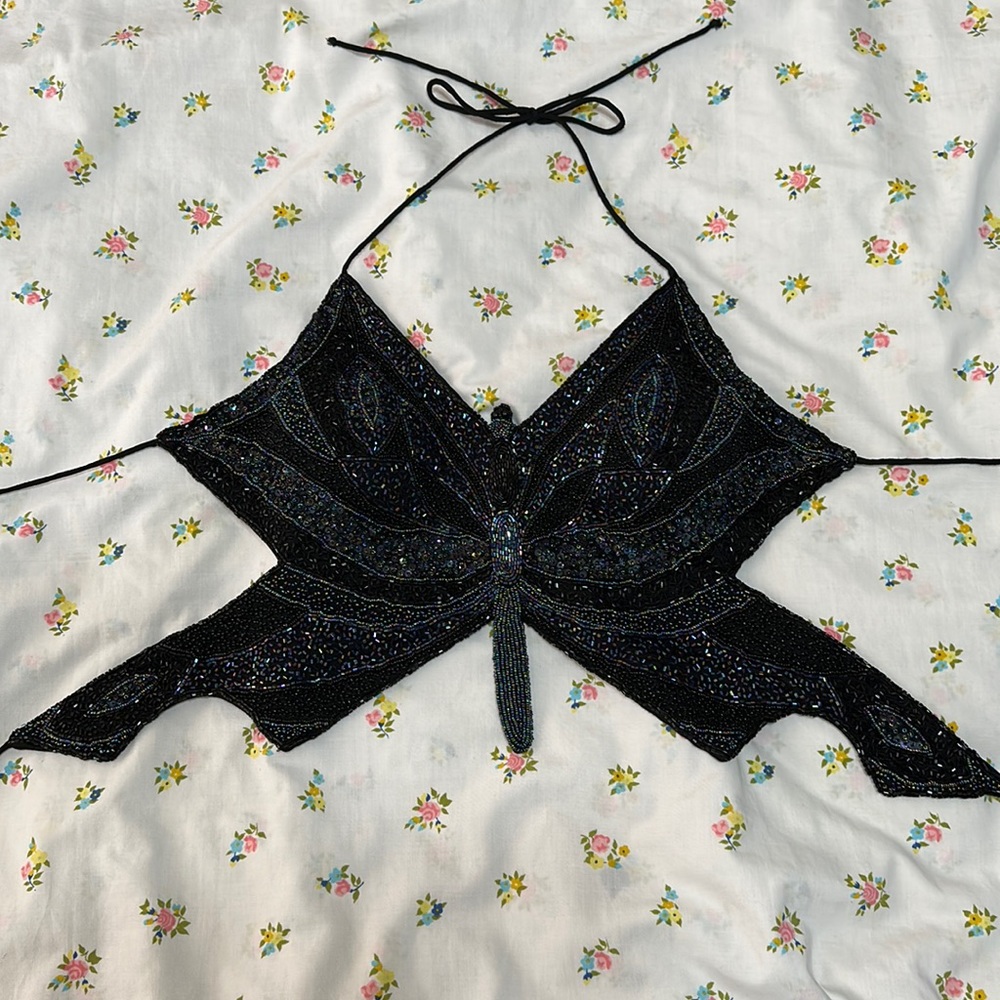 Y2K Black Beaded Backless Butterfly Halter Top